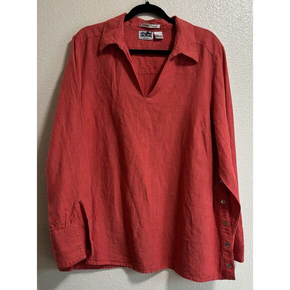 Edward Woman Irish Linen Tunic Blouse Plus Size 1X Coral Pink Popover Boho - Picture 1 of 9